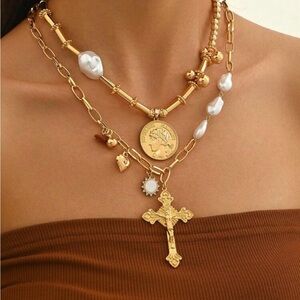Gold and White Layered Necklace Set